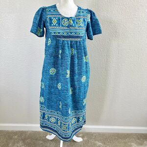Vintage Loungees Small Blue Green Beachy Mumu House Sleep Dress Kaftan Pockets